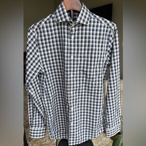 Pronto Uomo 14.5 32/33 Navy Plaid Slim Fit Spread Collar Dress Shirt Non-Iron